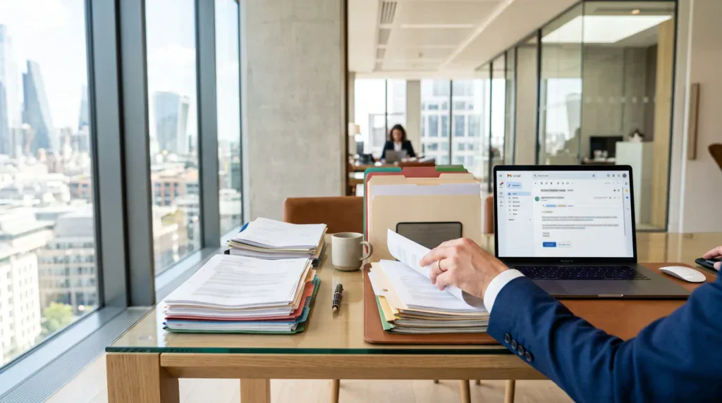 Vue en plongée d'un bureau en verre dans un gratte-ciel londonien, où un professionnel du droit et de la finance en costume examine des documents confidentiels. Un ordinateur portable ouvert montre un e-mail professionnel abstrait. Des dossiers de litiges colorés, une tasse de café et un stylo sont posés sur le bureau, soulignant la rigueur,